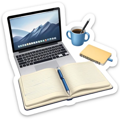 top view of a MacBook and a notebook with a pen nearby, notebook with visible notes sticker