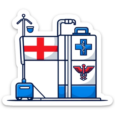 Modern hospital with Thai flag prominently displayed, medical symbol, flag with red white blue stripes sticker