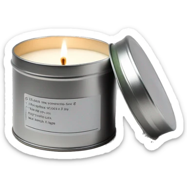 realistic, lit matcha scented candle, silver tin, small plain white label with black text sticker