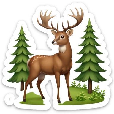 Whitetail buck standing on a hillside with trees and brush in the background. sticker
