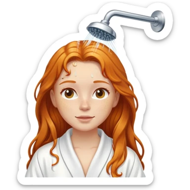 Ginger girl in white robe long wet hair relaxing shower skin care sticker