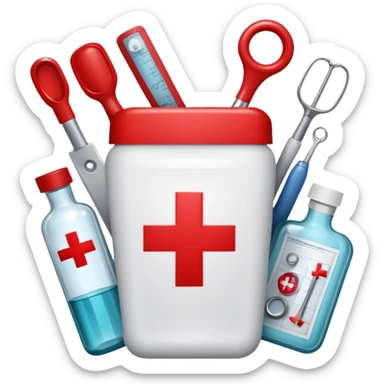 An icon featuring The Hygeia Vessel, a red cross, symbolizing medicine. The design includes medical tools and symbols, representing healthcare, diagnosis, and healing practices. Transparent background highlights the profession and study of medicine. sticker