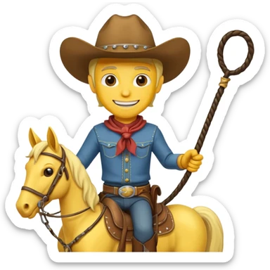 Cowboy riding a horse with whip. With yellow skin and smilling. Simplize it and I need a full pic with horse. Like I need the leg part too sticker
