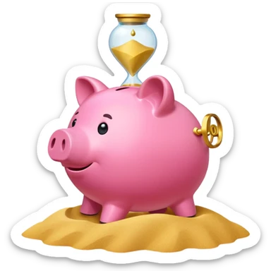 A minimalist emoji-style icon: A stylized piggy bank with a coin dropping into it, next to an hourglass. The hourglass symbolizes time and long-term savings for retirement. Simple shapes, flat bright colors, emoji-like design. sticker