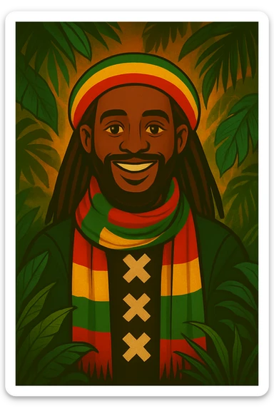 “Create a powerful illustrated portrait of a smiling man with long dreadlocks, wearing a colorful red, gold, and green knitted tam. The background has jungle leaves and warm lighting. Style: vibrant digital art, modern, bold lines, reggae vibe. With a Amsterdam colour scarf around his neck I gave a idea sticker