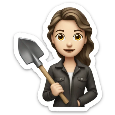 Woman holding one metal shovel with pale skin and hair brown highlights long wavy sticker