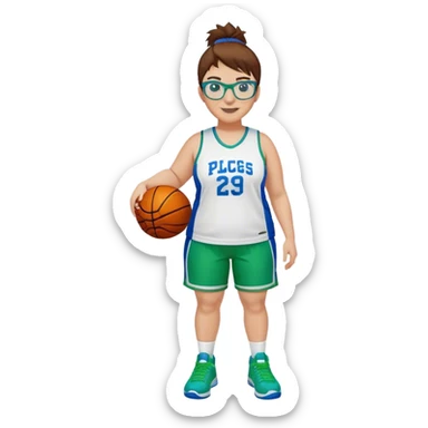 Full Body plus size white female basketball player with short medium brown hair with carmel highlights spike hair wearing blue glasses 
 wide nose wearing blue green uniform  green sneakers smiling  sticker