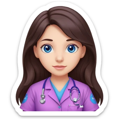 pretty brunette nurse with long hair and blue eyes in pink and purple dinosaur pattern scrubs sticker