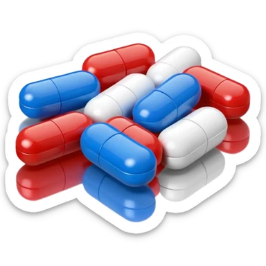 A close-up of mixed pills and capsules, red, white, and blue colors, clean background, light reflections on surface, realistic Memoji-style. sticker