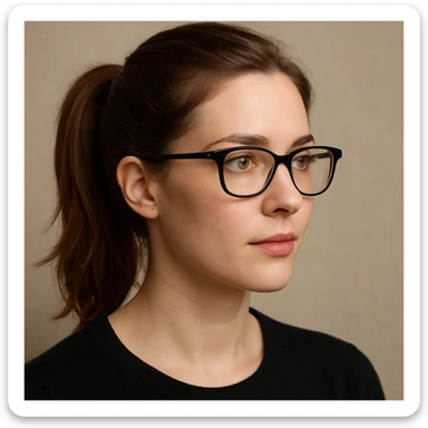 a woman with chestnut hair tied in a ponytail and black frame glasses sticker