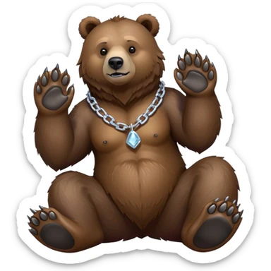 Realistic dark grizzly bear, complete body shown on four paws, with basic ice chain necklace only, no decorations hanging from the chain sticker
