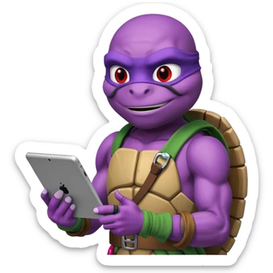 Donatello from Teenage Mutant Ninja Turtles, emoji style, with a tablet showing a hacking screen in hand, with a red hacking interface sticker