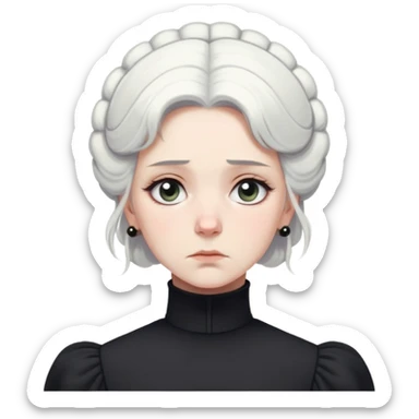 A Victorian woman with simple coiffed white hair and light eyes wearing a simple monochrome black turtleneck mourning dress with puffed sleeves looking down with a forlorn, miserable expression sticker