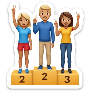 three casually dressed people on a winners podium labeled 2, 1, 3 from left to right, each on their step, center person on 1 holding up one finger on each hand, fun expressive cheerful emoji style sticker
