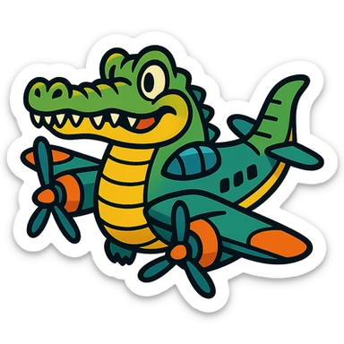 cartoon crocodile merged with a classic bomber airplane, with propellers and wings sticker