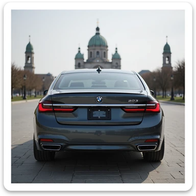 BMW Series 7 2022, rear angle, photorealistic, in front of a Romanian landmark, realistic background sticker