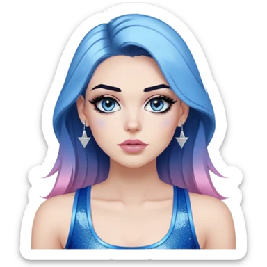 Sultry-very-beautiful-face-light-pink-lips-long-straight-dark-blue-ombre-hair-and-blue-eyes-thick-black-eyeliner-really-thick-long-eye-lashes-sky-blue-superman-tank-top-with-glitter-and-silver-hoop-earrings sticker