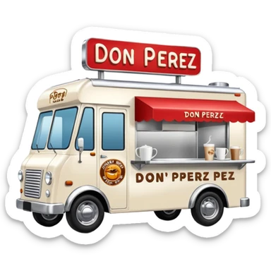 white coffee truck with "Don Perez" cafe sign sticker