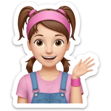 white woman with brown hair  tied together with one elastic pony tail. wearing a light pink thin width headband, Has a pink t-shirt with denim overalls. enthusiastic expression with big smile sticker