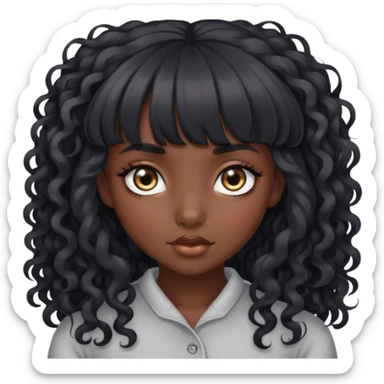 dark skin girl, with grey eyes, long curly black hair with bangs sticker