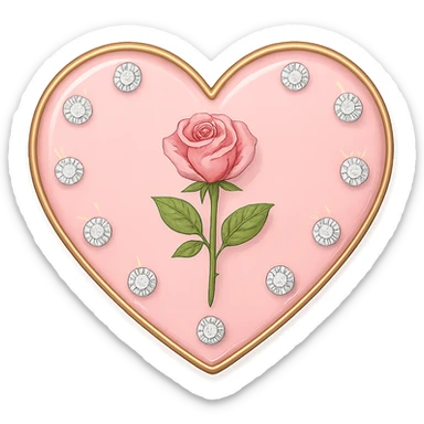 single rose pink heart, pastel pink enamel, sparkling gems sticker