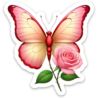 "A delicate butterfly with Champagne Pink wings edged in Bittersweet Red flutters gracefully over a blooming rose. Its soft yet vibrant hues create a dreamy, romantic atmosphere." sticker