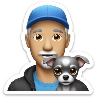 blue eyed man, with grey hair,  and grey goatee, wearing ball cap, holding ‘a black long hair chihuahua’ sticker