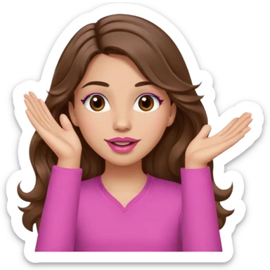 girl with long wavy brown hair, brown eyes, light to medium complexion, in a pink shirt, pink lips, long lashes, puckered lips, both hands in teh air sticker