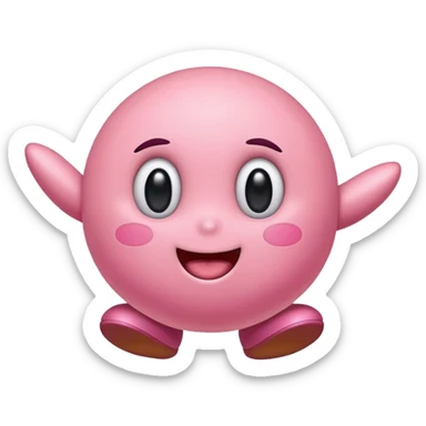 Kirby jumping with excitement, round pink character, wide eyes, joyful sticker