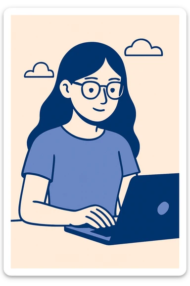 a girl with long hair, wearing glasses, focused on work, clean modern illustration style sticker