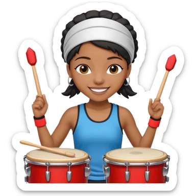 A black girl drummer with a sporty headband and clothes, tapping her drum rhythmically with a grin. sticker