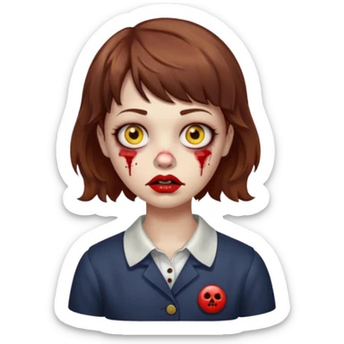FAÇA UMA PERSONAGEM FOFA COM NARIZ DE BOLINHA AVERMELHADO CLARO E ZUMBI CABELO MARRON ONDULADO E FRANJA CURTA   COMO SE NÃO SOUBESSE OQ FEZ LÁBIOS CLAROS FECHADOS E OLHOS AMARELOS sticker