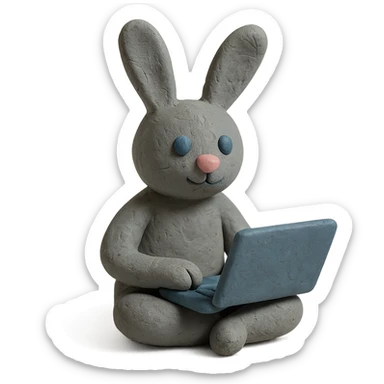 gray bunny sitting cross-legged with laptop in claymation style sticker