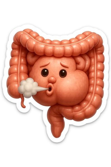 emoji stile iphone di un intestino che ingoia una nuvoletta di aria ben visibile e gli si gonfia la pancia, non fargli il naso, iperrealistico 4k sticker