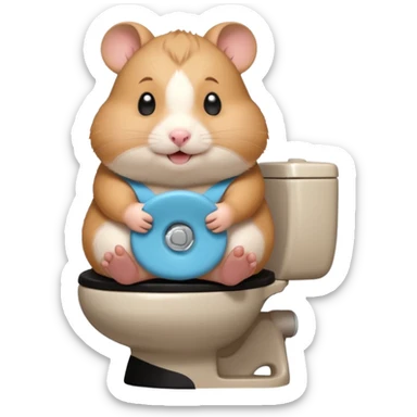 Cute chubby cartoon-style hamster sitting on toilet, sticker-style illustration sticker