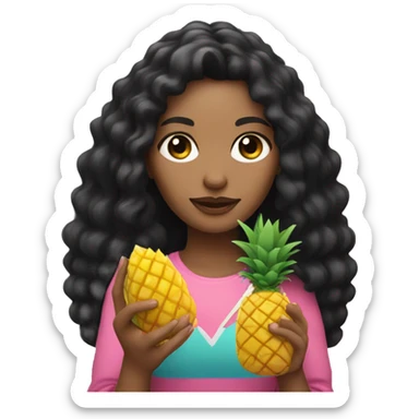 woman with light skin white long black curly hair wearing pink holding a pineapple in hands sticker