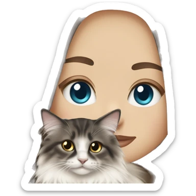 long straight haired blue eyed brunette woman holding norwegian forest cat with amber eyes sticker