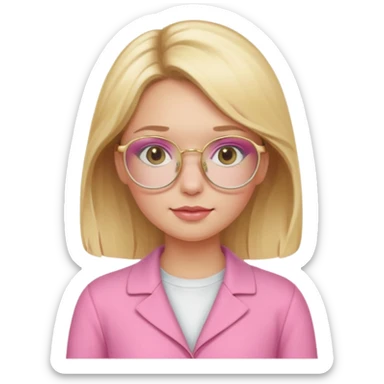 Make a blonde girl, with flushed cheeks, wearing a pink outfit, with golden-style prescription glasses sticker