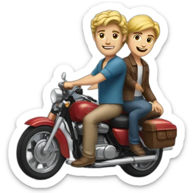 blonde man with brown haired man behind on motorbike sticker