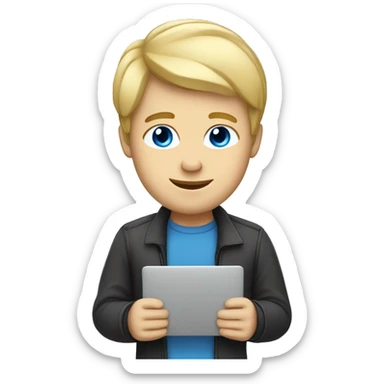 Male coder featuring a laptop. He has blonde hair, blue eyes, white skin. sticker