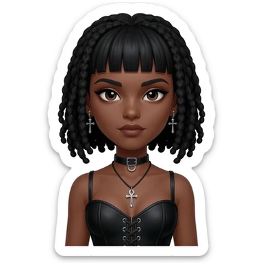 goth black girl with black corset, with brown skin, cross earrings, ankh necklace with center parted black micro locs with bangs, whole white face paint sticker