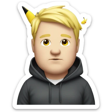 fat british man wea with blond hair wearing a pikachu hoodie sticker