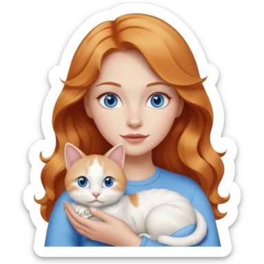 Long wavy strawberry blonde blue eyes woman with a white cat with blue eyes sticker