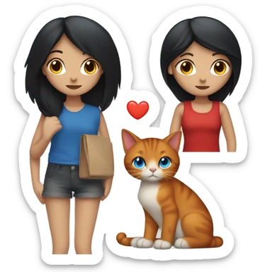 a girl with long, straight black hair and blue eyes with a red cat sticker