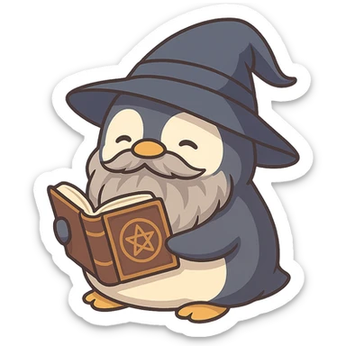 cartoon style chubby penguin in wizard attire, with a long beard and a spellbook sticker