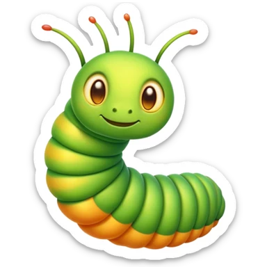 Cinematic Noble Caterpillar Portrait Emoji, Poised and vibrant, with a segmented, gently curving body adorned in bright, lively hues and delicate, inquisitive eyes, Simplified yet charmingly detailed features, highly detailed, glowing with a soft, verdant radiance, high shine, intelligent and resilient, stylized with an air of natural transformation, focused and curious, soft glowing outline, capturing the essence of a watchful caterpillar that appears ready to inch out of the screen with gentle determination! sticker