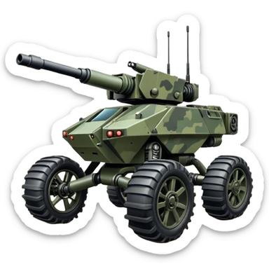 a roomy 4-wheel armored personnel stealth camouflage army massive mech trail vehicle shooting forward side-hill leaning actively articulating independent suspended pod gimbal enemy mech off-road racing rover with large fast engine RC basher  sticker