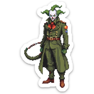 evil clown soldier, bald, small black horns on forehead, fangs, pointed ears, eye patch over one eye, long coat over black and military green clothes with bellbottom pants, tail, holding a different style of whip, realistically proportioned, less bulky, full body, fighting stance sticker