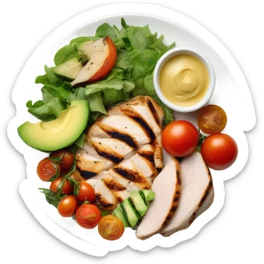 Look up on a large white round plate of healthy food sticker