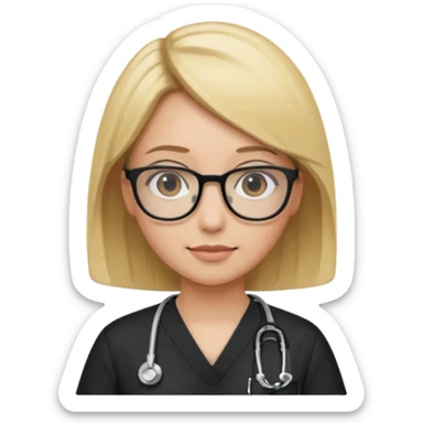 A girl in black scrubs with a blonde bob and glasses no stethoscope  sticker